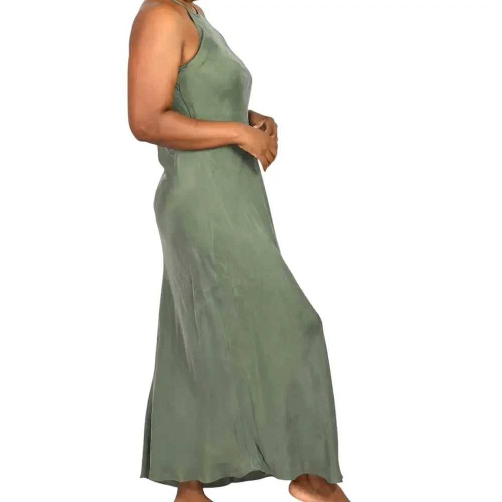 J Crew Amber Slip Dress Green Cupro Halter Maxi Bias Keyhole Silky Slipdress 6